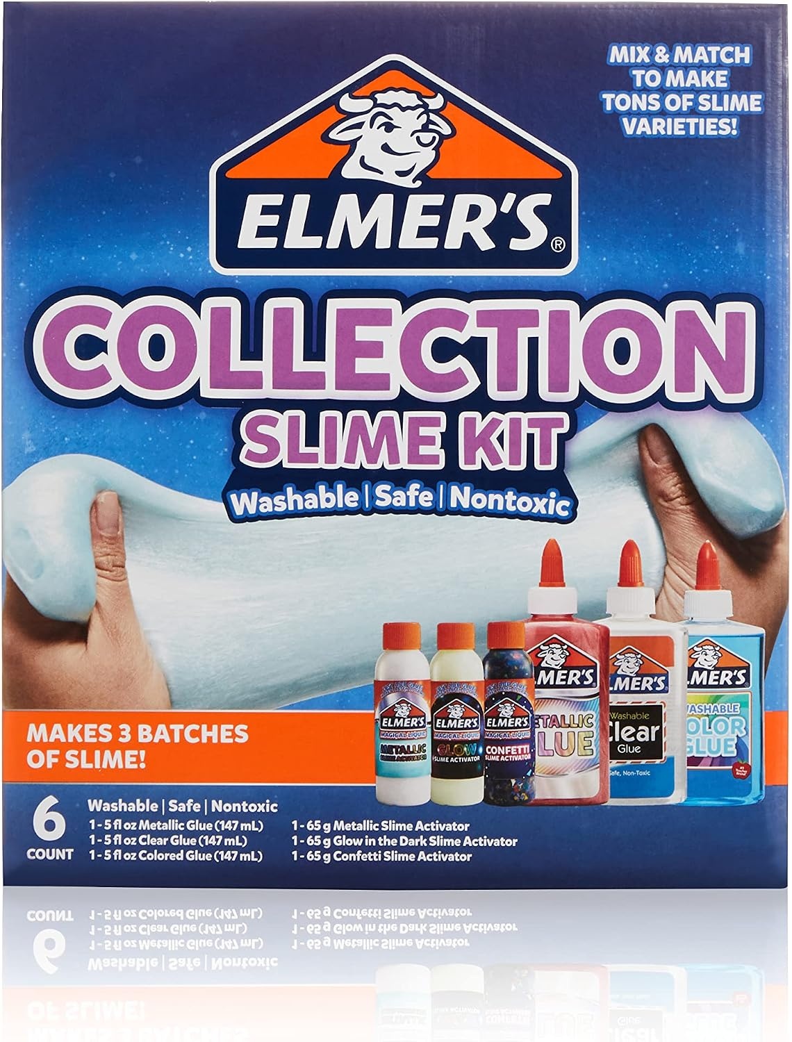 image:imageElmers Collection Slime Kit Washable Nontoxic 6 Count Includes Metallic Clear Colored Glue Magical Liquid Slime ActivatorsSlime Kit
