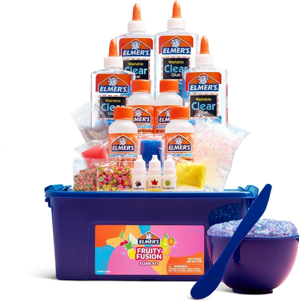 image:imageElmers Fruity Fusion Slime Kit Includes Elmers Clear Glue Magical Liquid Slime Activator Clay Color Pigments Scents Mixing Bowl Spoon 20 Piece KitFruity Fusion Kit Amazon Exclusive