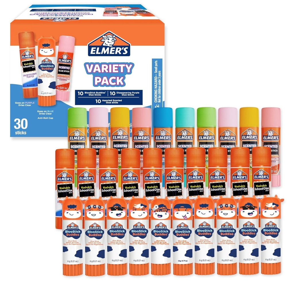 image:imageElmers Glue Sticks Variety Pack Featuring BlooStick Buddies Disappearing Purple and Scented Glue Sticks Assorted 6 Grams 30 Count Arts amp Crafts Fun Classroom Supplies 1 Teacher Brand30 Count Variety Pack